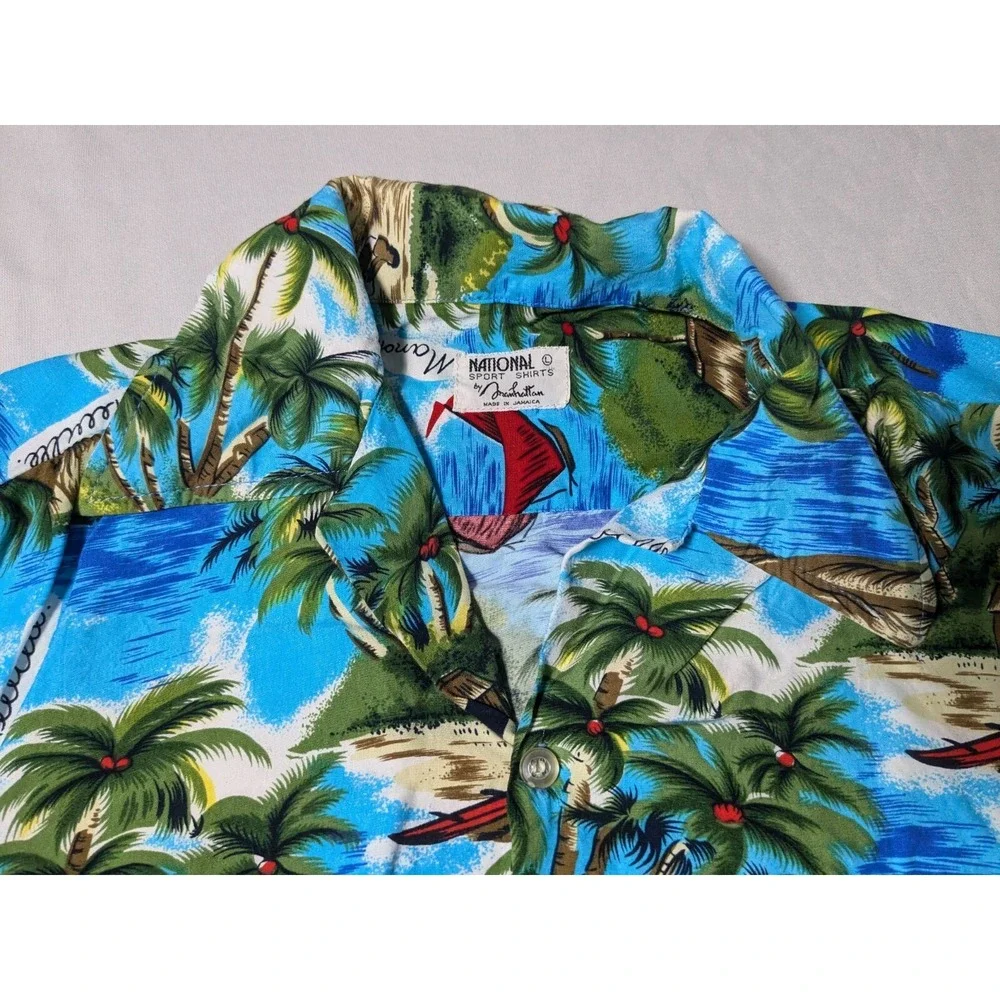 VTG NATIONAL SPORT SHIRTS MANHATTAN Men Large Blue‎ Tropical Jamaican Camp Shirt